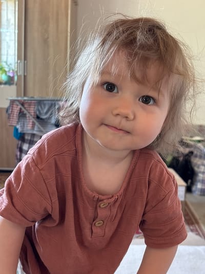 This media file is a close-up, portrait-style photograph of a young child, likely a toddler, with light brown hair and large, dark eyes. The child is looking directly at the camera with a curious and somewhat serious expression. Their skin is fair with rosy cheeks. They are wearing a short-sleeved, rust-colored shirt with a ribbed texture and two wooden buttons at the neckline. The shirt appears to be made of a soft fabric.
The lighting suggests an indoor setting, possibly during the daytime, with natural light illuminating the child's face. The background is softly blurred, hinting at a domestic environment with furniture and possibly other objects, though they are not clearly discernible. A hint of a wooden blind or shade is visible in the lower portion of the frame.
The photograph is taken from a slightly low angle, emphasizing the child's face. The overall mood is intimate and focuses on the child's expression and features. There is no visible text in the image. The location context provided is Радваніцкі сельскі Савет, Belarus, but this cannot be confirmed from visual cues within the image itself.
