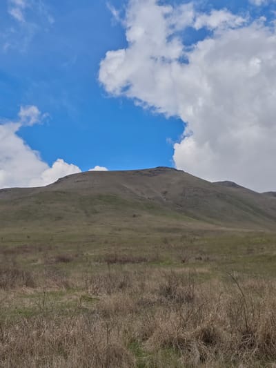 The image depicts a rural landscape in Etoka, Russia. A gently sloping, grassy hill dominates the scene, with a rocky peak visible at the top. The foreground is filled with dry, brown grasses and low scrub vegetation. In the background, the sky is partly cloudy, with patches of blue sky interspersed with large, white clouds. There are no people or other distinct subjects visible.