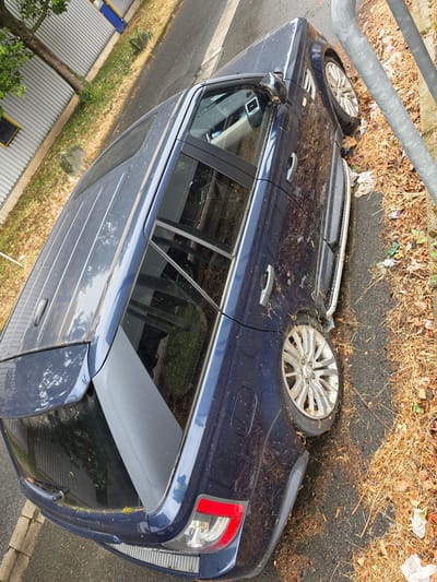A dark blue Range Rover is parked on the side of a wet asphalt road in Ginsheim-Gustavsburg, Germany. The vehicle appears dirty, with visible dust and debris on its exterior, including leaves and small twigs. The front passenger-side wheel is turned slightly. The car is positioned at an angle, with its right side closer to a concrete curb and a metal pole. Dry, dead vegetation, primarily straw-like grass and leaves, is scattered on the ground next to the car and on the road's shoulder. In the background, to the left, is a building with a grey, corrugated metal facade and a blue and yellow stripe. A tree with green foliage is growing near the building. The sky is not visible in the frame.