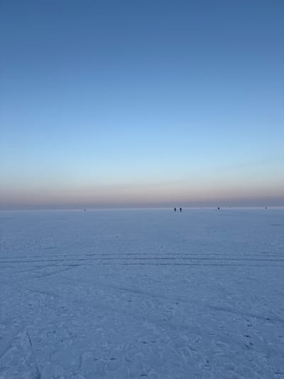 The image displays a vast, flat, snow-covered or ice-covered expanse under an open sky in Liutizh, Ukraine. The sky exhibits a gradient, transitioning from light blue overhead to a pale blue and pink hue along the distant, flat horizon line. The ground surface, particularly in the foreground, shows evidence of prior activity, including multiple parallel tracks consistent with skis or skates, and various foot impressions. Five dark, indistinct human silhouettes are distributed across the mid-ground and distant plain. Two individuals are positioned together in the mid-right, appearing to be in motion, consistent with cross-country skiing or ice skating. A third individual is situated further left in the mid-ground. Two additional small, solitary figures are discernible near the distant horizon. The overall lighting suggests either early morning or late afternoon ambient conditions.