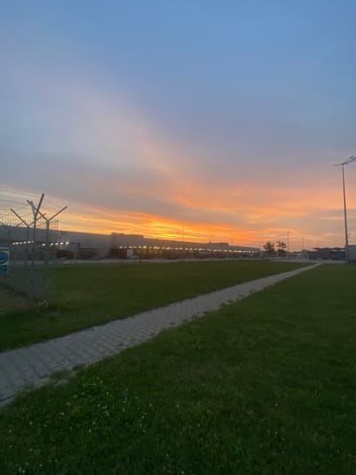 The image captures a twilight scene in Niepołomice, Poland, featuring a vibrant sunset over a warehouse or industrial complex. The sky is dominated by a gradient of colors, transitioning from a clear, pale blue at the top to fiery oranges and yellows closer to the horizon. Wispy clouds are illuminated by the setting sun, creating a dramatic effect.
In the foreground, a well-maintained green lawn is bisected by a grey, interlocking paver pathway that curves into the distance. The grass appears neatly trimmed, with occasional small white clover blossoms.
Behind the lawn, a long, low-rise building, likely a warehouse or distribution center, stretches horizontally across the frame. The building's facade is light gray, and several rows of lights are visible along its length, illuminating the area in front of it. A fence, featuring barbed wire at the top, separates the lawn from the building. Various industrial elements, such as containers or trucks, can be seen parked near the building.
Several lampposts are scattered throughout the scene, including a prominent, modern-looking one with a distinctive multi-headed fixture on the right side of the image. Some trees are visible behind the building, their silhouettes dark against the colorful sky. The overall impression is one of an industrial area at the end of the day, bathed in the dramatic light of a sunset. There are no people visible in the image.