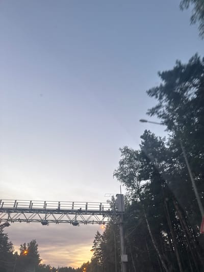 The image captures an overhead electronic toll collection gantry on a highway, likely near Mstikhino, Russia, during twilight. The gantry spans across the road, featuring multiple sets of lights and equipment for toll processing. Surrounding the highway is a dense forest of pine and birch trees, some of which are blurred due to motion. The sky is a gradient of pale blue and soft gray, with hints of orange and pink from the setting sun visible near the horizon. Several streetlights are also visible, illuminating sections of the road ahead. The scene is devoid of people or vehicles, creating a tranquil, yet functional, roadside environment.