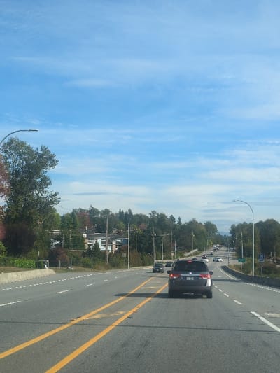 The image captures an eastbound view from a vehicle on Lougheed Highway (Highway 7) in Maple Ridge, British Columbia, Canada. The scene is observed under a clear blue sky with sparse, wispy clouds, suggesting fair weather.

The asphalt roadway ahead features multiple lanes of travel in the eastbound direction. The lane directly in front of the observer's vehicle is marked by solid white lines. To the left, a double solid yellow line with intermittent yellow hash marks indicates a center median or turn lane. A grey concrete barrier separates the highway from a vegetated embankment on the left, behind which multi-story buildings are partially visible amidst dense trees exhibiting some autumnal foliage. Utility poles with overhead lines are present along both sides of the roadway.

In the immediate foreground, a dark grey Honda Odyssey minivan is traveling ahead in the same lane. Further down the highway, additional passenger vehicles, including sedans and SUVs, are observed in both eastbound lanes, indicating active but moderate traffic flow. On the right side of the highway, a green directional sign with white text explicitly identifies "207 St." and "Haney Place" with corresponding arrows, confirming the location within Maple Ridge. A blue sign with a white 'M' logo is also visible on the right shoulder. Streetlights with curved support arms extend over the roadway from both sides. No pedestrians are visible. All depicted vehicles are in motion.