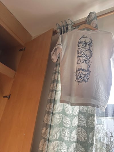 The image displays a white short-sleeved t-shirt, identified as being in a domestic interior in the city of Galway, Ireland. The t-shirt is suspended from a light-colored wooden hanger, which rests on a matching wooden curtain rod. The back of the t-shirt features a vertical graphic illustration comprising four distinct, stylized male heads. From top to bottom, text is associated with each head: "SEE NO EVIL," "HEAR NO EVIL," "SPEAK NO EVIL," and "KNOW NO EVIL." The drawing style is linear and stark.
To the left of the t-shirt, a light-toned wooden wardrobe or cupboard stands with its right door slightly ajar, revealing interior hinges and a partial view into its contents. The wall is painted a light, neutral color, and the ceiling is off-white.
To the right of the t-shirt, a sage green curtain with a repeating white leaf pattern is drawn, partially covering a window. Through the clear lower-right section of the window, the exterior of a light-colored, multi-story building, likely residential, is visible. Bare tree branches are also discernible outside, suggesting a non-summer season. The scene is illuminated by natural daylight entering from the window.