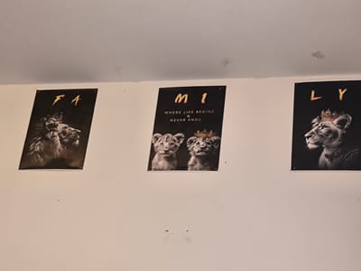 An interior wall in a room in Neunkirchen, Germany, features three vertically oriented rectangular prints or posters. The wall is light-colored, possibly off-white, and shows minor surface imperfections. A lighter-colored ceiling with some discolored spots is visible above the wall.

From left to right:
1.  The leftmost poster displays "FA" in a stylized, golden-yellow font against a black background. Below the text is a grayscale depiction of a mature lion with a prominent mane, facing right in profile, wearing a golden crown.
2.  The central poster features "MI" in a similar stylized, golden-yellow font on a black background. Below this, the text "WHERE LIFE BEGINS & NEVER ENDS..." is visible in white. The lower section shows a grayscale image of two young lion cubs; the cub on the right wears a golden crown, while both face forward.
3.  The rightmost poster presents "LY" in the same stylized, golden-yellow font against a black background. Below the text is a grayscale depiction of a lioness, facing left in profile, adorned with a golden crown.

All three posters are positioned at a consistent height, spaced roughly equidistant horizontally across the wall. They appear to be affixed directly to the wall surface. The scene is illuminated by ambient lighting, with subtle shadows indicating light source from above or front.