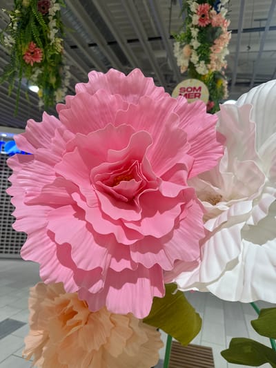 This media file is a close-up, low-angle shot of large, artificial flowers. The primary subject is a vibrant pink flower with many ruffled petals, taking up the majority of the frame. Behind it, a large white flower is partially visible, and to the right, a lighter peach-colored flower. The flowers appear to be made of paper or a similar craft material, with visible texture and shading on the petals.

In the background, some of the setting is discernible. To the left, a garland of smaller, more realistic-looking artificial flowers and greenery is visible, along with a circular yellow sign with red text. The sign reads "SOM MER," which translates to "SUMMER" in English. The background also shows a metallic ceiling with visible beams or tracks, suggesting an indoor setting, possibly a shop or event space. To the right, there's a white tiled wall and a wooden slatted structure.

The lighting suggests it might be daytime, with shadows cast by the large pink flower onto its petals and the white flower. There are no people visible in the image. The overall mood is decorative and festive, likely intended to evoke a sense of summer or floral celebration. The location context is Slitu, Norway, though this information is not visually present in the image itself, only provided externally.