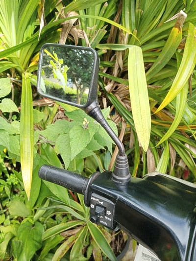 The image, captured in Salai Har Htan, Myanmar, presents a close-up view of the left handlebar section of a black motorcycle, set against a backdrop of dense, vibrant green foliage. The prominent object is a black, square-framed rearview mirror, slightly angled upwards, reflecting blurred green trees and what appears to be a bright sky. Its black stem, ribbed at the base, extends downwards to connect with the motorcycle's handlebar assembly. To the left of the mirror's base is a black rubber handlebar grip, embossed with the brand name "DAYTONA." Below this, a black plastic control cluster features a toggle switch labeled "LIGHTS" (with up/down arrows) and "TURN" (with left/right arrows), alongside a circular push button marked "HORN." The glossy black fairing of the motorcycle is visible beneath the controls, displaying a partially obscured white sticker. The background is dominated by a variety of green leaves, some long and broad, exhibiting varying shades of green with occasional yellowed or browned sections. A small, light-colored insect, possibly a moth or butterfly, with distinct wing markings, rests on a green leaf positioned directly behind the mirror's stem. No individuals are present in the scene.