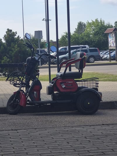 The image shows two red electric scooters parked on a paved walkway next to a row of cars. The scooters are of a similar design, with a basket in the front and a seat in the middle. One scooter has "SPORT" written on its seat, and the other has "LEISURE" written on its seat. The scooters are positioned vertically in the image, as if the photographer rotated the camera 90 degrees counter-clockwise. The background includes trees, a light pole, a sign, and other vehicles. The lighting suggests it is daytime, and the scene appears to be outdoors, possibly in a parking lot or public area. There are no people visible in the image. The location context provided is Pabradė, Lithuania.