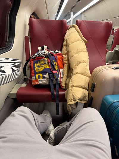 The image depicts an interior view, likely inside a train carriage. The scene is cluttered with personal belongings. Seating is visible, upholstered in a dark red material. A large piece of luggage, possibly a suitcase, sits above a folded puffer jacket. Beneath these are a backpack and other personal effects. The foreground shows a person seated, wearing grey pants and white sneakers. The overall setting appears to be a mode of transportation, given the presence of train-style seats and the overhead luggage. The image does not provide enough information to confirm a location in 's-Hertogenbosch, Netherlands.