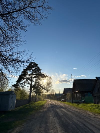 The image depicts a rural scene under a bright blue sky. A dirt road stretches into the distance, bordered on the right by a grassy area and a fence. Wooden buildings, some with green painted elements, line the right side of the road. The sun is positioned behind trees, creating a silhouette effect. Bare tree branches are visible in the foreground and on the left side of the frame. Power lines extend across the top of the image. A metallic structure is positioned near the bottom right. The scene appears to be in Batmany, Russia.