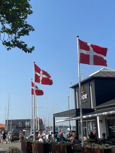 In the city of Juelsminde, Denmark, on a clear, sunny day, several Danish flags are prominently displayed against a bright blue sky. The flags are on tall poles, with one large flag in the foreground to the right, partially obscuring a modern, dark-colored building with "IOR BISTRO" signage and an anchor logo. In the background, numerous sailboats with tall masts are docked in a harbor, indicating a coastal location.
To the left of the scene, a tree with green leaves partially overhangs the image. In front of the building and along the waterfront, people are seated at outdoor tables, some engaged in conversation, suggesting a restaurant or cafe setting. A few individuals are also walking in the area, and vehicles, including a van and cars, are visible on a road or path behind the diners. The overall atmosphere appears to be relaxed and leisurely, indicative of a pleasant day in a harbor town.
