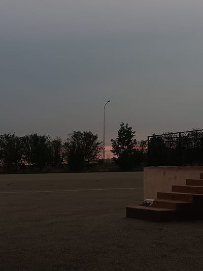 The image depicts an outdoor scene at dusk, likely in the city of Гвардейский, Kazakhstan. In the foreground, there is a dark, asphalt-like surface with some gravelly areas. To the right, a concrete structure with several visible steps leads upwards. The steps appear to be reddish-brown and show some wear. Beyond this, a line of dark trees forms a silhouette against a muted, dusky sky. A street lamp stands tall on the left side of the frame, its light not illuminated. In the distance, behind the trees and a dark metal fence, the sky shows faint hints of pink and orange, suggesting the last light of sunset. The overall atmosphere is somber and quiet, characteristic of twilight.