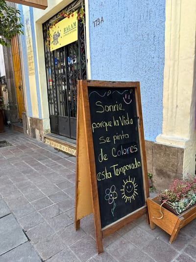 The image presents a ground-level view of a commercial sidewalk in Tlaquepaque, Mexico, displaying a vibrant building facade under natural daylight. A freestanding wooden A-frame chalkboard sign is centrally positioned on grey-brown paver stones. The black chalkboard surface features the Spanish phrase "Sonrie, porque la Vida se pinta de Colores esta Temporada" (Smile, because Life paints itself with Colors this Season) written in multicolored chalk, accompanied by chalk drawings of a pink smiley face, a yellow smiling sun, and a multi-colored flower.
To the left of the sign is the entrance to a storefront. Above a dark, ornate metal gate, a pale yellow rectangular sign reads "BALAM LA IMAGEN ARTESANAL," with an animal logo. A red floral garland is draped over the sign and the top of the gate. The building wall adjacent to this entrance exhibits vertical stripes of light blue and pale yellow above a dark, textured base. The address "173A" is stenciled in brown on the light blue stucco wall to the right of the doorway. The entrance threshold is lined with a row of small, patterned ceramic tiles. A tall, narrow banner to the left of the door, partially obscured, lists items with "BALAM" and keywords like "artesanías" and "Souvenirs." To the right of the chalkboard sign, a rectangular wooden planter box holds various succulents and small plants with pinkish-red foliage. No individuals are present in the scene.