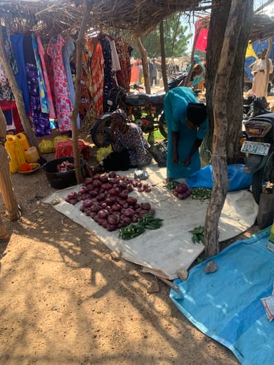 This image depicts an outdoor market scene in Boi A, Nigeria, characterized by a makeshift stall constructed with natural materials like straw and wood. The stall displays a variety of colorful clothing items, predominantly dresses, hanging from a rail. In the foreground, a woman is seated on the ground next to a pile of red onions and okra arranged on a white cloth. Another woman, wearing a blue garment, is standing and appears to be sorting vegetables. A motorcycle is partially visible, suggesting it is a mode of transport or a vendor's item. The ground is sandy and uneven, with shadows from overhead structures and trees indicating a sunny day. Other market activities and people are visible in the background, suggesting a bustling environment. The overall impression is that of a typical local market in a rural or semi-urban setting in Nigeria.