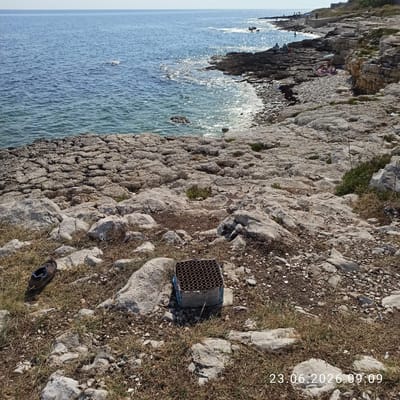 This media file depicts a rocky coastline with the sea on the left and the shore on the right. The scene is bathed in sunlight, suggesting a clear day. Several people are visible on the rocks near the water's edge, some appearing to be lounging or picnicking, indicated by colorful items that could be towels or blankets. The water is a bright blue, with sunlight reflecting off its surface.
In the foreground on the right side of the image, there is a box of fireworks sitting on the ground amidst dry grass and rocks. A single shoe is also present near the fireworks. The overall impression is of a sunny day at a coastal location, possibly a recreational spot.
Visible text in the image includes a date and time stamp in the upper right corner: "23.06.2026 09:09". The context provided suggests the location is Molfetta, Italy. The weather appears to be pleasant and warm, suitable for outdoor activities. The presence of fireworks might suggest a celebratory occasion or the aftermath of one.