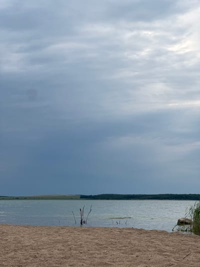 This media file shows a natural landscape. The scene is divided into three main sections. On the right, a sandy shore slopes down towards the water. The sand appears coarse and dry. The middle section is occupied by a body of water, likely a lake, with a light ripple on its surface. In the distance, a line of dark green trees forms the horizon, suggesting a forested area. To the far left, the sky is visible, filled with dramatic, wispy clouds that are brightly illuminated from above, indicating either sunrise or sunset. The overall lighting suggests it is either early morning or late afternoon. The weather appears to be partly cloudy with bright patches of sunlight breaking through. There are no people or discernible objects in the foreground. Some bare branches of dead trees are visible sticking out of the water near the shore. The image seems to capture a moment of serene natural beauty. The location context provided is Володарский ауылдық округі, Kazakhstan, which aligns with a landscape that could be found in this region. No text is visible in the image.