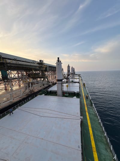 An elevated, wide-angle, eye-level shot captures the stern of a large cargo ship docked at a port facility. The ship's deck, painted a light gray, dominates the foreground, extending towards the right of the frame. A distinct yellow stripe runs along the green hull of the ship, bordering the dark blue ocean that fills the right side of the image. In the distance, the horizon is visible, meeting a sky with wispy clouds transitioning from a pale yellow near the left edge to a light blue.
Attached to the ship on the left is an extensive industrial port loading system, featuring a network of metal structures, conveyor belts, and cranes. This facility appears to be made of metal with a weathered, industrial aesthetic. The area beneath the loading system shows a wet, reflective surface, suggesting recent rain or activity. Two figures are visible on the ship's deck: one in the mid-ground near the loading equipment, and another smaller figure walking on the gray deck in the lower left corner. The setting appears to be the port of Mers El Hadjadj, Algeria, an industrial area dedicated to bulk cargo handling.