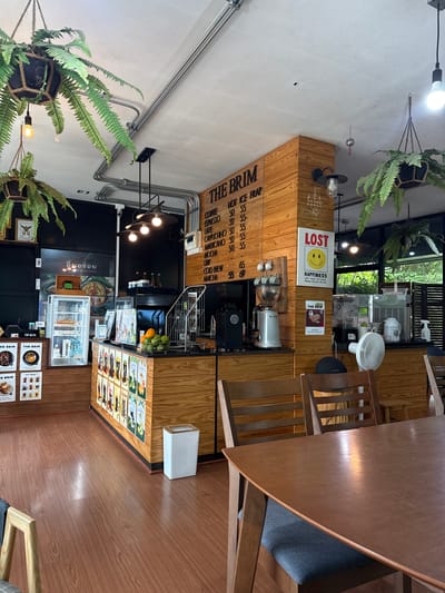 The image shows the interior of "The Brim" cafe, located in Tha Chana, Thailand. The cafe has a rustic and modern design, with exposed pipes, wooden accents, and hanging plants. The scene is captured from a perspective that includes a dining table in the foreground, with wooden chairs.
In the background, a counter area is visible, featuring a coffee grinder, espresso machine, and a refrigerator displaying food items. A menu board with prices for various coffee drinks is displayed prominently on a wooden pillar. A sign with a smiley face and the word "LOST" is also visible. There are no people in the image. The environment appears clean and organized, suggesting a well-maintained establishment.