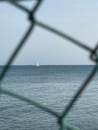 The image shows a calm, overcast day at sea, viewed through a green mesh netting. In the distance, a small white sailboat with a single sail is visible on the horizon. The sea is a deep blue-grey, with gentle ripples. The sky is a pale, hazy grey. The netting, which occupies the foreground, is out of focus and appears to be made of thick, dark ropes intersecting at various angles, with some lighter green elements suggesting the weave. The scene evokes a sense of quietude and distance. The location is Urbanización Cabo Roig, Spain.