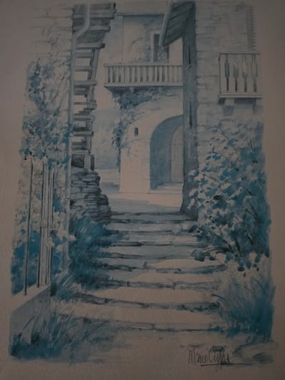 This is a watercolor painting of a stone staircase leading up to an arched entryway, set within an old building. The scene is rendered primarily in shades of blue and grey, suggesting a subdued or possibly rainy atmosphere. Lush green foliage, painted with loose brushstrokes, frames the staircase and the sides of the building, adding a natural element to the architecture. Balconies with railings are visible on the upper floors of the structure. A wooden ladder or scaffolding is affixed to the left side of the building, extending upwards. The painting is signed "Mario C." at the bottom right. The scene depicts a rustic architectural detail, potentially a passageway or courtyard in an older European town. Based on the signature style and watercolor technique, this painting could represent a scene from a European city known for its historic architecture, such as Mutzig, France.