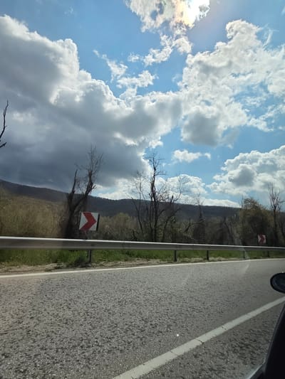 The image shows a road next to a metal guardrail. The sky is partially cloudy, with blue sky visible between the clouds. There are trees and a hillside visible on the other side of the guardrail. A road sign with a chevron is visible. The location appears to be in a rural area. Based on the user's description, it is located in Leshnitsa, Bulgaria.
