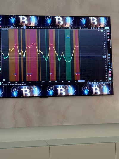 The image shows a television screen displaying a cryptocurrency trading chart, likely Bitcoin. The chart features several colored lines representing price movements and vertical bars of varying colors (pink, yellow, green, and black) that may indicate market sentiment or volatility. There are also markers on the chart labeled "Crisis". The screen has a Bitcoin logo at the top and bottom. The television is placed on a piece of furniture, possibly a dresser or cabinet, which is situated against a wall with a textured, marble-like finish. The lighting suggests an indoor environment, possibly a home or office. The scene is likely captured in Oberleichtersbach, Germany, given the prompt. There are no people or direct interactions visible in the image.
