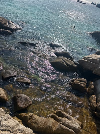 The image depicts a rocky coastline and clear ocean water in ตำบล เกาะเต่า, Thailand, under bright sunlight. The foreground and mid-ground consist of numerous grey and brown boulders of varying sizes, some partially submerged in the shallow, translucent water near the shore. The water gradually deepens and becomes bluer further from the coast. Sunlight intensely glints across the water's surface, creating bright reflections. In the middle distance, a dark, indistinct object, possibly a person, is visible partially submerged in the water. Several dark-hulled boats, consistent with longtail vessels, are visible on the horizon against a bright, hazy sky. No specific actions or interactions are clearly discernible beyond the gentle movement of water around the rocks and the presence of the distant boats and the object in the water.