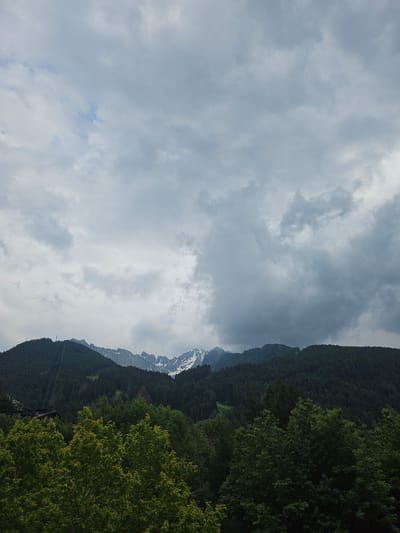 The image shows a mountain landscape with a dense forest in the foreground and a snow-capped mountain range in the background under a cloudy sky. The mountain range is likely the Adamello-Presanella Alps, a mountain range in Lombardy, Italy, near Ponte di Legno. The sky is overcast with heavy clouds, suggesting an impending storm or recent rain. The trees in the foreground are lush and green, indicating a temperate climate. There are no people or animals visible in the image. The scene appears to be a natural landscape, possibly a tourist destination given the presence of what appears to be a ski lift or cable car structure on the slope of the mountain.