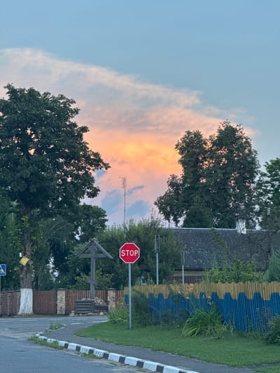 The image captures a rural roadside scene in the Neman Rural Council, Belarus, at dusk. The sky is a blend of soft blues, pinks, and oranges, indicating the sun has recently set. In the foreground, a paved road curves to the left, bordered by a curb with black and white markings. A green grassy verge runs alongside the road. To the right, a vibrantly painted fence, featuring a wavy pattern of blue and yellow, delineates the property line. Behind the fence, dense greenery and the roof of a building are visible.
Dominating the mid-ground is a large, mature tree on the left side of the road, its trunk partially whitewashed. Next to it stands a wooden roadside cross. A red octagonal stop sign is prominently displayed on a pole in the center of the frame, facing the road. Further back, behind the fence and trees, a television antenna stands tall. The overall impression is of a tranquil, rural setting bathed in the soft light of twilight. No people are visible in the image.