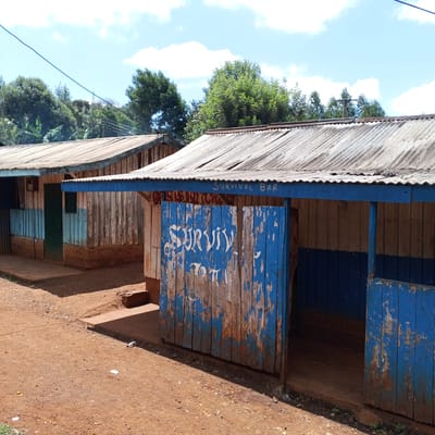 The image shows two dilapidated wooden structures along a reddish-brown dirt road. The structure on the right is labeled "SURVIVAL BAR" in faded white paint on a blue awning and on its worn blue-painted wooden walls. The paint is peeling, exposing the underlying wood. The structure has a corrugated metal roof. A partial wooden door is ajar. The structure to the left also has a corrugated metal roof and faded blue paint on its wooden exterior. Trees are visible in the background under a partly cloudy sky. This is likely a rural or peri-urban area, consistent with the setting of Mweiga, Kenya. There are no people visible.