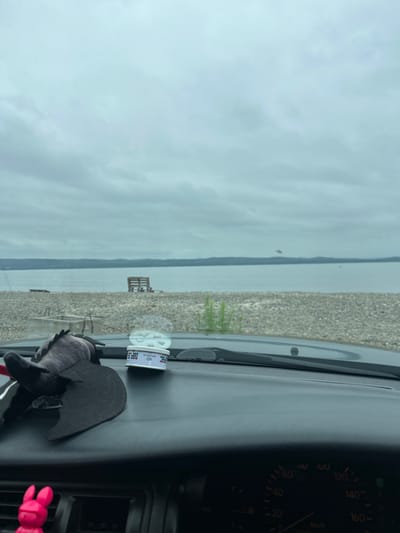 The image is taken from inside a vehicle, looking out through the windshield at a cloudy seascape. In the foreground, on the dashboard, a plush toy bat and a small white container with colorful markings are visible. To the left, a bright pink bunny-shaped air freshener is clipped to a vent. The dashboard itself is black and shows a portion of the instrument cluster, including a speedometer that indicates a speed of approximately 40 km/h.
Beyond the windshield, a pebble beach stretches towards a calm body of water. In the middle distance, a wooden bench or seating structure is present on the beach. The horizon is marked by a distant, dark, hilly landscape. The sky is overcast with gray clouds. The scene appears to be located near a body of water, possibly a bay or a large lake. Based on the visible information, the location is implied to be Shkotovo, Russia, given the prompt's context.