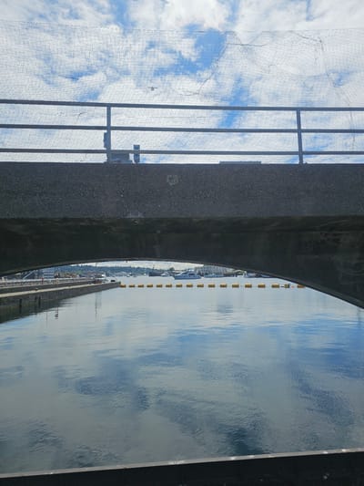 This is a photograph taken from beneath a bridge, looking out at a body of water with a docked pier and various boats. The sky above is partly cloudy, with visible white clouds against a blue sky. A metal railing and netting are visible at the top of the image, suggesting the bridge is elevated. The water reflects the sky and the clouds, creating a rippled pattern on the surface. On the left side, a concrete pier is visible, with several boats moored alongside it. Yellow buoys are strung together in a line across the water. In the distance, the city skyline with buildings and trees can be seen. This scene is located at the Hiram M. Chittenden Locks in Seattle, Washington, United States of America, a place where freshwater and saltwater meet, allowing boats to transition between Puget Sound and Lake Union.