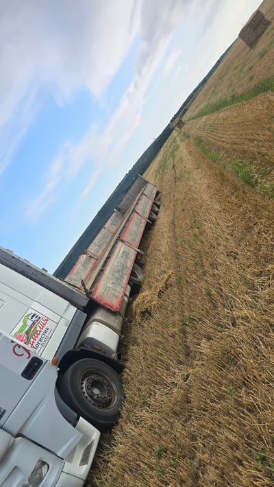 The image shows a white truck with a flatbed trailer parked on a harvested field, presumably near the city of Slatina, Bulgaria. The field is covered with stubble from harvested crops, and there are a few square bales of hay visible in the distance. The sky is partly cloudy, with patches of blue sky. The truck has a logo on its side that appears to be a stylized rose and the text "САМЕЛИЯ ЛОГИСТИК". The truck's wheels are visible, and the trailer is empty. The image is taken from a low angle, with the truck and trailer occupying the foreground.