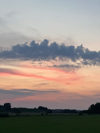 This image depicts a serene landscape scene at dusk in Bad Endorf, Germany. The sky is a gradient of soft blues, grays, and pinks, with wispy clouds catching the last rays of sunlight. A prominent band of vibrant pink stretches horizontally across the middle of the sky, contrasting with darker gray clouds above. The foreground features a lush, green field, hinting at agricultural land. Beyond the field, a tree line of dark green silhouettes the rolling hills and some scattered farm buildings, suggesting a rural setting on the outskirts of the town. The overall impression is one of tranquility and natural beauty as day transitions into night.