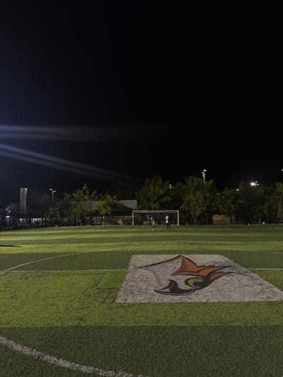 The image displays an artificial turf soccer field at night in Tuxtla Gutiérrez, Mexico. In the foreground, a large, stylized bird's head logo, rendered in orange, red, black, and white/grey, is painted on the striped green and light green turf. White demarcation lines are visible on the field surface. In the midground, two individuals wearing light-colored uniforms stand near a white metal goalpost equipped with a net. Beyond the field, a building with illuminated windows and a backdrop of dense green trees and foliage are present. The entire scene is brightly lit by multiple stadium floodlights, visible as prominent light beams originating from the left and illuminating the field against a dark night sky.
