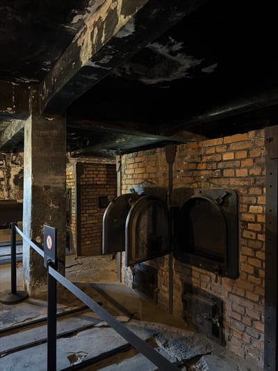 This image depicts the interior of a crematorium, likely at the Auschwitz-Birkenau concentration camp in Oświęcim, Poland. The scene is dark and industrial, with rough-hewn brickwork and heavy metal structures dominating the view. The perspective is from below, looking upwards at the crematorium ovens.
The central focus is on a large, dark metal oven with multiple doors, set into a brick wall. Above it, another, more open cavity is visible, suggesting the burning chamber. The brickwork shows signs of age and soot, indicative of intense heat and use. Below the ovens, heavy wooden beams and metal supports form a structural framework. To the right, a black metal railing with a warning sign is visible. The sign displays a red circle with a diagonal line through it, over an image of a person, conveying a "no entry" or "restricted access" message.
The overall atmosphere is somber and chilling, evoking the horrific history associated with such facilities. The lighting is dim, with light sources only hinted at in the upper parts of the image, casting deep shadows. There are no people visible, emphasizing the sterile and functional nature of the space. The textures of the worn brick, rough concrete, and dark metal contribute to the oppressive and grim ambiance. The presence of the crematorium ovens and the warning sign strongly suggest a historical site related to mass atrocities.