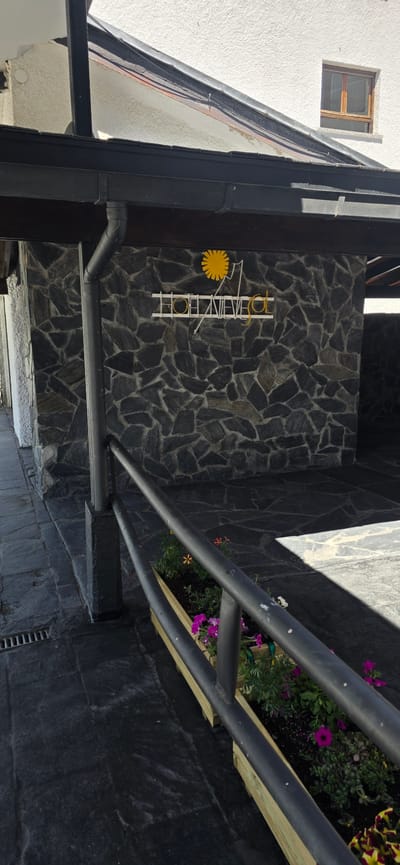 The image depicts the exterior of a building with a stone facade, likely a hotel, situated in Sallent de Gállego, Spain. A sign with white lettering and a yellow sun emblem is affixed to the stone wall, reading "HOTEL NIEVE". A dark metal railing runs diagonally across the foreground, bordering a planter box filled with various flowering plants, including pink petunias and yellow flowers. The ground is paved with dark stone tiles. A downspout is visible on the left side of the image, attached to a dark overhang. The building's architecture suggests a mountain or rustic setting, consistent with the Pyrenees region where Sallent de Gállego is located. The lighting indicates it is daytime, with shadows cast on the ground, suggesting the sun is at an angle. No people are present in the image.