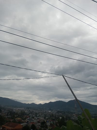 The image depicts an elevated panoramic view of Bhupalpally, India, under an overcast sky. Numerous grey clouds cover the entire sky. In the foreground, several dark utility lines are strung horizontally across the upper two-thirds of the frame. A light-colored wooden pole extends diagonally upwards from the lower right corner, its tip appearing to touch or be near one of the lower utility lines. Green leaves, possibly from a banana plant, are partially visible in the bottom right corner. Below the utility lines and pole, a densely built-up urban area consisting of various residential and commercial structures with different roof types (including reddish-brown tiles) stretches across the midground. Abundant green foliage and trees are interspersed among the buildings. In the background, a range of dark green hills and mountains define the horizon. A tall, red and white lattice communication tower is visible on one of the hills to the right of the central axis. No individuals are visible within the scene.