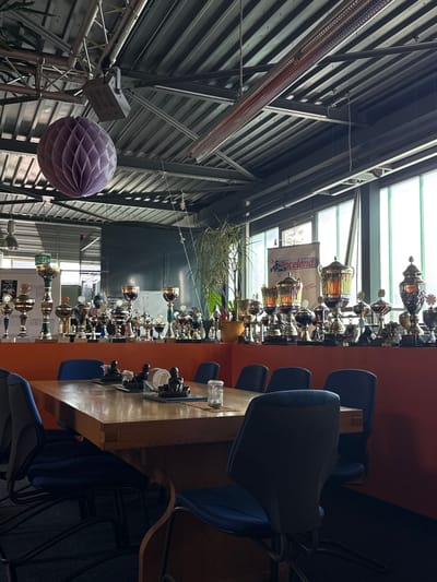 The image depicts an indoor scene within a facility identified as "Raceland" in Weil am Rhein, Germany, likely a karting track's bistro or lounge area, suggested by a visible banner displaying "Raceland Kartbahn und Bistro." The environment features an industrial-style ceiling with exposed corrugated metal, silver trusses, pipes, and various fixtures including a purple, spherical, accordion-fold paper lantern hanging in the upper-left, a rectangular grey spotlight, and a long, reddish-orange radiant heater.

A long, sturdy, light-colored wooden table occupies the mid-ground, surrounded by several dark blue fabric chairs with black metal frames. On the table, three black placemats are visible, each hosting two small, black, figurine-like objects resembling kart racers. A circular coaster and a clear glass jar are also present on the table.

Beyond the table, a prominent orange-colored wall or shelf stretches horizontally, completely filled with a dense display of numerous ornate trophies of various sizes and designs, predominantly gold-colored cups and statuettes. Behind these trophies, large windows on the right allow bright natural light into the space, with the aforementioned "Raceland" banner partially visible. To the left of the trophies, a dark grey wall is visible, with an open doorway revealing a brighter area beyond and a green "exit" sign above it. A tall, leafy green plant in a brown pot stands behind the trophies on the left side, reaching towards the ceiling. One person is partially visible in the far background behind the trophies on the left, wearing a blue garment on their head. No direct actions or interactions are depicted. The floor beneath the table is covered with dark grey carpeting.