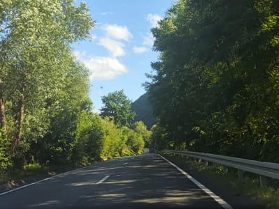 The image depicts a view from a vehicle driving on a paved road bordered by lush green trees on both sides. The road has white lane markings. A silver guardrail runs along the right side of the road. In the distance, a dark-colored vehicle is visible on the road. The sky above is blue with scattered white clouds, suggesting fair weather. Sunlight dapples the road and the surrounding foliage, indicating it is daytime, likely late morning or afternoon. The scene is set in a natural, possibly mountainous or hilly, environment, as suggested by the dense trees and the sloped terrain in the background. The overall mood conveyed is one of travel and natural beauty. There is no visible text in the image.