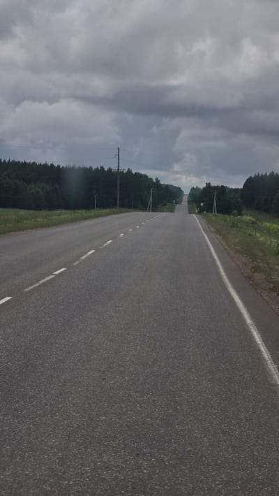 The scene depicts a rural asphalt road extending straight and uphill into the distant horizon under a heavily overcast, dark grey sky in the vicinity of Солояз, Russia. The road features a visible white dashed center line on the left side, indicating traffic flow in opposite directions, and a solid white line defining the right edge of the paved shoulder. Dense, dark green forest or treelines flank both sides of the road. Multiple wooden utility poles with visible power lines are present, receding into the distance along both the left and right sides of the thoroughfare. Grassy verges line the road, with taller, possibly flowering, yellow-hued vegetation evident on the right side. A small, circular white road sign with a red border is partially visible on the right side of the road, appearing to be a warning or regulatory sign, though its specific symbol is indistinct. No people, vehicles, or animals are visible in the image.
