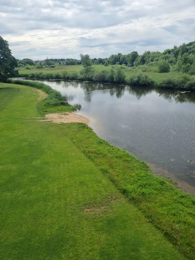 This media file shows a serene waterside landscape under a cloudy sky. The scene is dominated by a body of water, likely a river or lake, reflecting the overcast sky and the lush greenery along its banks. On the right side of the frame, a gently sloping bank covered in vibrant green grass extends towards the water. A sandy patch is visible along the water's edge, creating a contrast with the surrounding grass.

On the left side, a dense line of trees and vegetation forms the far bank of the water. The foliage is a deep green, indicating a thriving natural environment. In the distance, beyond the trees, hints of buildings can be seen, suggesting a nearby settlement. The sky is filled with wispy clouds, indicating a possibly overcast day, though some brighter patches suggest diffused sunlight.

The image captures a peaceful, natural setting. There are no people or specific objects that draw attention, emphasizing the natural beauty of the landscape. The time of day appears to be daytime, given the presence of light and the general ambiance of the scene. The location is contextually identified as Kuršėnai, Lithuania, which aligns with the type of rural or semi-rural landscape depicted. No text is visible in the image.
