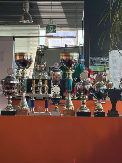 The image captures an indoor scene at what appears to be a go-karting facility, specifically identified by a poster as "Benefiz-Promi Kartrennen RACE-4-KIDS," consistent with the Kartbahn Weil am Rhein in Weil am Rhein, Germany. A substantial collection of trophies is arranged on a solid orange counter that spans the foreground. These trophies exhibit diverse designs, featuring reflective metallic cups in silver and gold hues, supported by columns ranging from textured turquoise to plain metallic and blue, mounted on bases of black, white, marbled, or wood-grain appearance. Several trophies are adorned with circular medallions.

In the mid-ground, a person partially obscured by a large trophy wears a blue balaclava or hood, a green long-sleeved shirt, and a red garment beneath it. The background features large windows covered by horizontal Venetian blinds, admitting natural light. The ceiling is industrial-style, dark grey with visible ribs, from which an industrial pendant light fixture and a green-and-white emergency exit sign are suspended. A poster announcing the "Benefiz-Promi Kartrennen RACE-4-KIDS 8. August 2009" is visible on a dark wall. To its right, a white board displays a list of names under "SWC SAISON," implying a competition roster. A large, leafy green plant stands on the far right. On the far left, a white flipchart or whiteboard with partially legible text is visible. Reflections of the windows and interior environment are visible on the polished surfaces of the trophies.