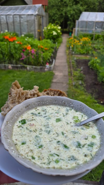 A bowl of cold soup, possibly okroshka, is held in the foreground, with a slice of rustic bread resting on the rim. The soup is a creamy white base with visible chopped green herbs, and possibly small diced vegetables or meat. A spoon is partially submerged in the soup. The background depicts a lush garden with a pathway leading towards two greenhouses. Flower beds with vibrant orange and pink flowers are visible along the left side of the path, while the right side shows more cultivated garden plots. The scene suggests a peaceful, rural setting, likely in the city of Ļūbaste 0001, Latvia, during the daytime in a season where gardens are in bloom.