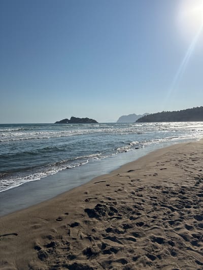 This is a photograph taken in Köyceğiz, Turkey, depicting a beach scene. The image is oriented vertically, showing the shoreline with a sandy beach on the right and the sea on the left. The sand is dark and textured, with numerous footprints visible, indicating recent activity. Gentle waves are breaking on the shore, creating a frothy white edge along the water.

In the background, a rocky cliff face rises from the sea, covered in sparse vegetation. The sky is clear and a pale blue, with a bright sun appearing in the upper left corner, casting a lens flare and creating a bright highlight across the sky and water. The sunlight suggests it is daytime, likely morning or afternoon. The overall atmosphere of the image is serene and tranquil, conveying a peaceful natural setting. There is no visible text in the image.