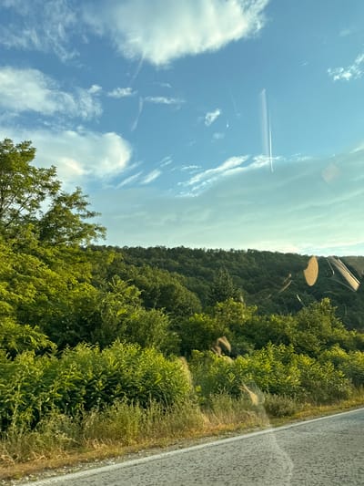 A serene, natural landscape unfolds under a vast, partly cloudy sky, with a hint of civilization at the bottom. The scene is dominated by a dense, lush forest covering rolling hills, its vibrant green foliage illuminated by the soft glow of what appears to be late afternoon or early morning sun. A paved road, marked with a white dashed line, runs along the bottom edge of the frame, suggesting it is a view from a vehicle or roadside. The sky is a brilliant blue, streaked with wispy white clouds and graced by the ephemeral trails of two airplanes, one a sharp, distinct line and the other a more diffused streak. Subtle reflections on the surface of what seems to be a window, possibly from a car, add a layer of depth and texture to the image, with soft, circular patterns and elongated light streaks visible. This view is characteristic of the natural beauty found in the vicinity of Dechkovtsi, Bulgaria, a region known for its verdant countryside and tranquil atmosphere. No people or animals are visible in the frame, emphasizing the natural and undisturbed state of the environment.