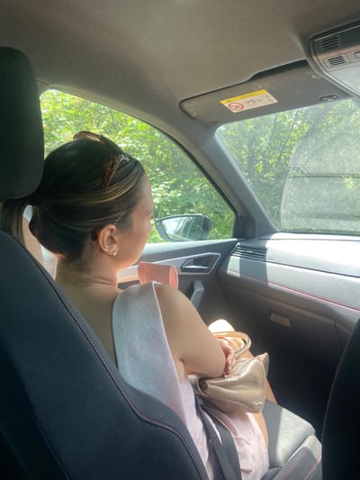 A woman, viewed from behind, is seated in the passenger seat of a car. She has her hair pulled back in a ponytail and is wearing a pink dress. She holds a beige purse on her lap. The interior of the car is visible, including the dashboard and a sun visor with an airbag warning sticker. Outside the car window, lush green foliage suggests a rural or wooded environment. The lighting indicates it is daytime. The specific location within the city of Mole Valley, United Kingdom, is not determinable from the image alone.
