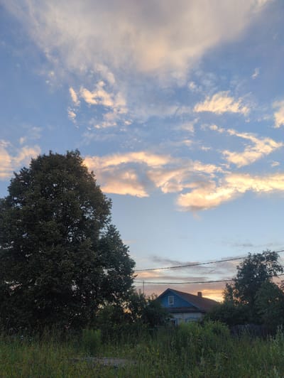 This is a vertically oriented image of a rural scene in Velikovo, Russia. The sky dominates the left side of the frame, filled with scattered clouds tinged with the warm hues of sunset or sunrise. The sky transitions from a soft blue to lighter shades near the horizon, where the sun is setting or rising.
On the right side of the image, a small, blue wooden house with a red roof is partially visible, nestled among dense green trees and tall grass. A single square window is visible on the side of the house. Power lines run diagonally across the scene, suggesting the presence of civilization in this otherwise natural setting. The overall atmosphere is peaceful and serene, evoking a sense of quiet rural life. The time of day is likely late evening or early morning, given the colors in the sky. There is no visible text in the image.