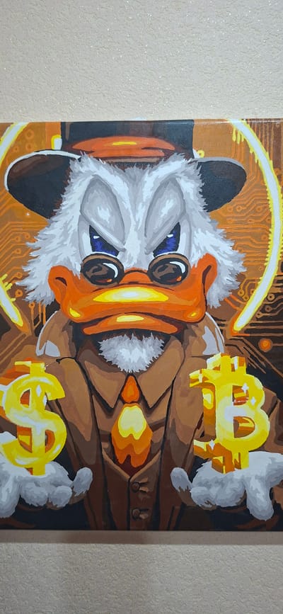 This is a painting of a cartoonish, anthropomorphic animal, possibly a fox or a dog, with large blue eyes, an orange snout, and fluffy white fur. The animal is depicted wearing a brown suit and a halo. The background appears to be a circuit board pattern in shades of orange and brown, with stylized Bitcoin and dollar signs integrated into the design. The overall aesthetic is bright and whimsical, with a focus on warm colors like orange, yellow, and brown, contrasted by the cool blue of the eyes. The painting seems to convey a theme related to cryptocurrency or digital finance, given the prominent Bitcoin and dollar symbols. There is no visible text in the image. The activity or event is not clearly depicted, but the imagery suggests a connection to the digital economy or perhaps a character representing wealth or digital assets. The emotion conveyed is one of curiosity or perhaps a playful demeanor. There are no specific cues about time of day, weather, or a discernible real-world location other than the artistic representation of a digital theme.