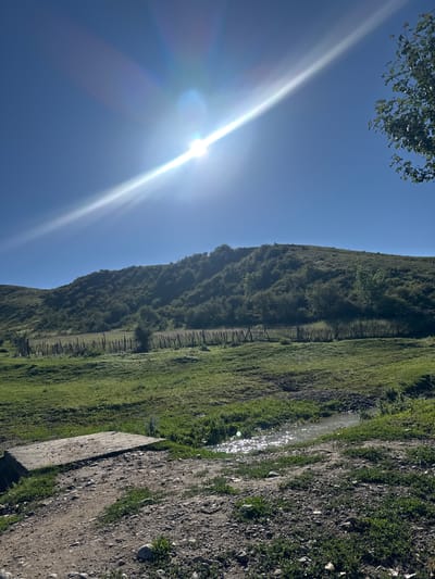 A sun-drenched, rolling hillside in Kashka-Suu, Kyrgyzstan, is captured in a photograph. The bright sun, positioned in the upper left quadrant, creates a strong glare and a visible sunbeam that diagonally cuts across the clear blue sky. The hillside is covered with dense, green vegetation, possibly trees and bushes, and shows signs of contouring, suggesting it might be a natural landscape or agricultural terracing.

In the foreground, a rough dirt path leads towards a small, shallow stream that reflects the sunlight, creating a shimmering effect. To the left of the path, a concrete slab, possibly part of a rudimentary bridge or structure, lies partially embedded in the ground. A rustic wooden fence, made of upright stakes, runs horizontally across the middle ground, separating the grassy pasture from the hillside. The overall impression is one of a serene, rural landscape bathed in the warm light of the sun.